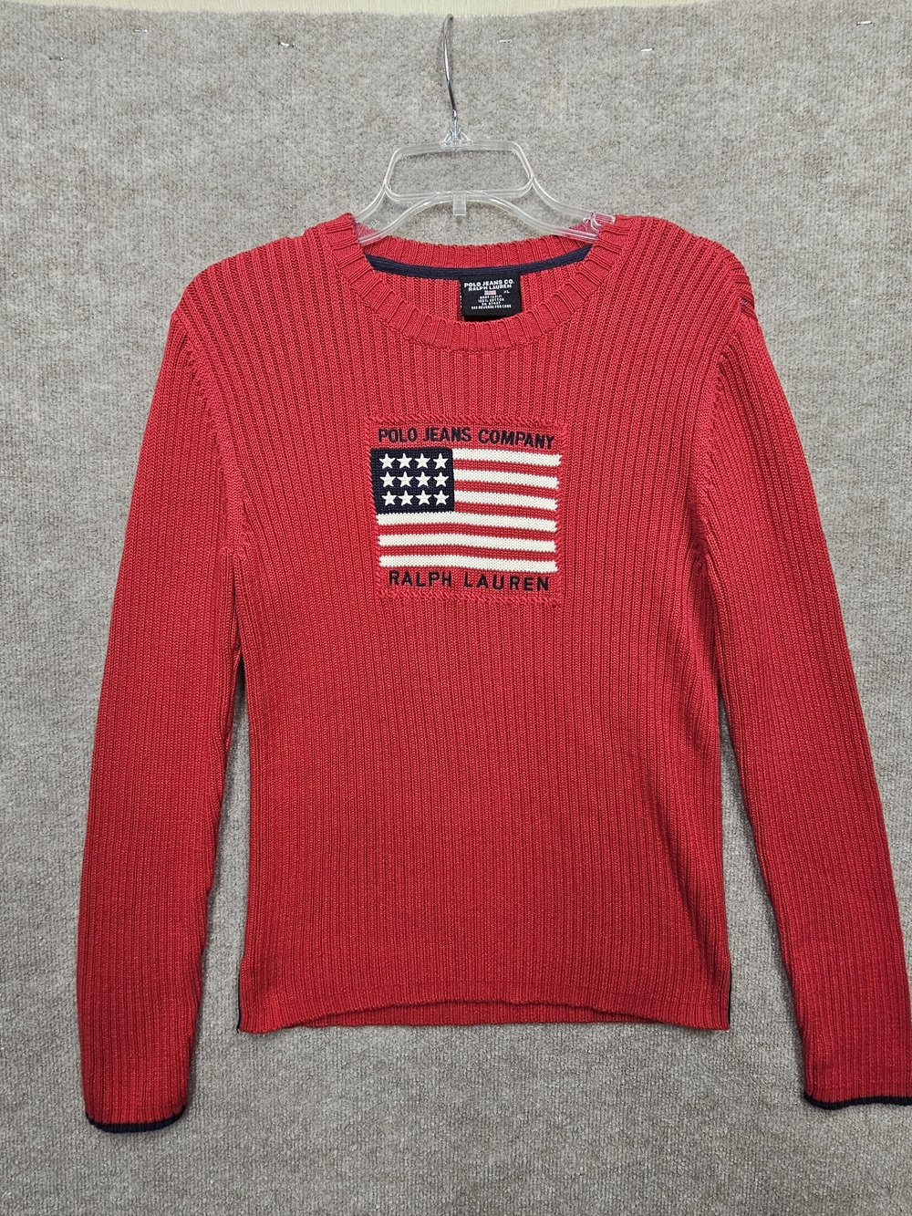 Y2K Polo Jeans Co Ralph Lauren XL Red American Flag Cotton Ribbed Sweater - Picture 4 of 13